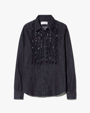 EMILIE DENIM RUFFLE SHIRT IN FADED BLACK WASH