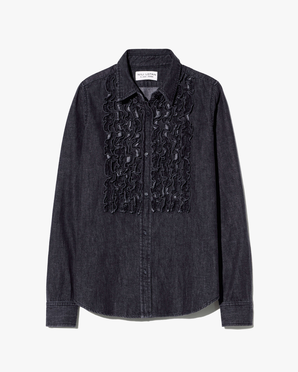 EMILIE DENIM RUFFLE SHIRT IN FADED BLACK WASH