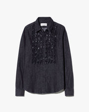 EMILIE DENIM RUFFLE SHIRT IN FADED BLACK WASH