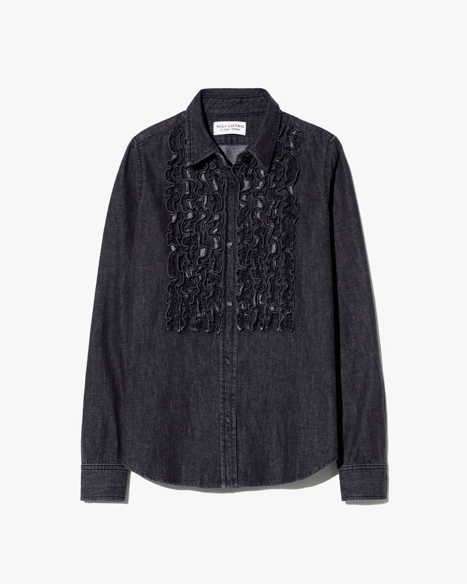 EMILIE DENIM RUFFLE SHIRT IN FADED BLACK WASH