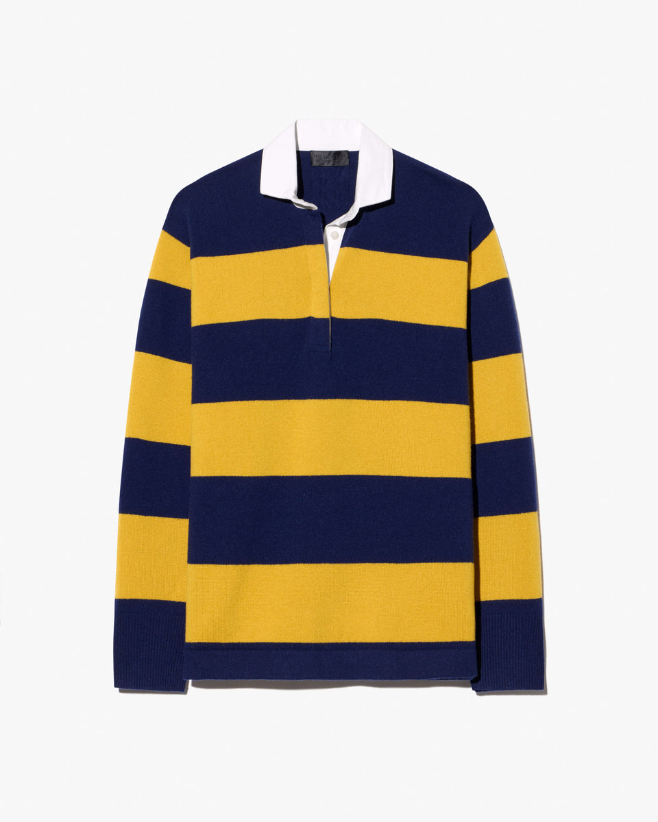 RASHIDA RUGBY SWEATER IN NAVY/AMBER STRIPE