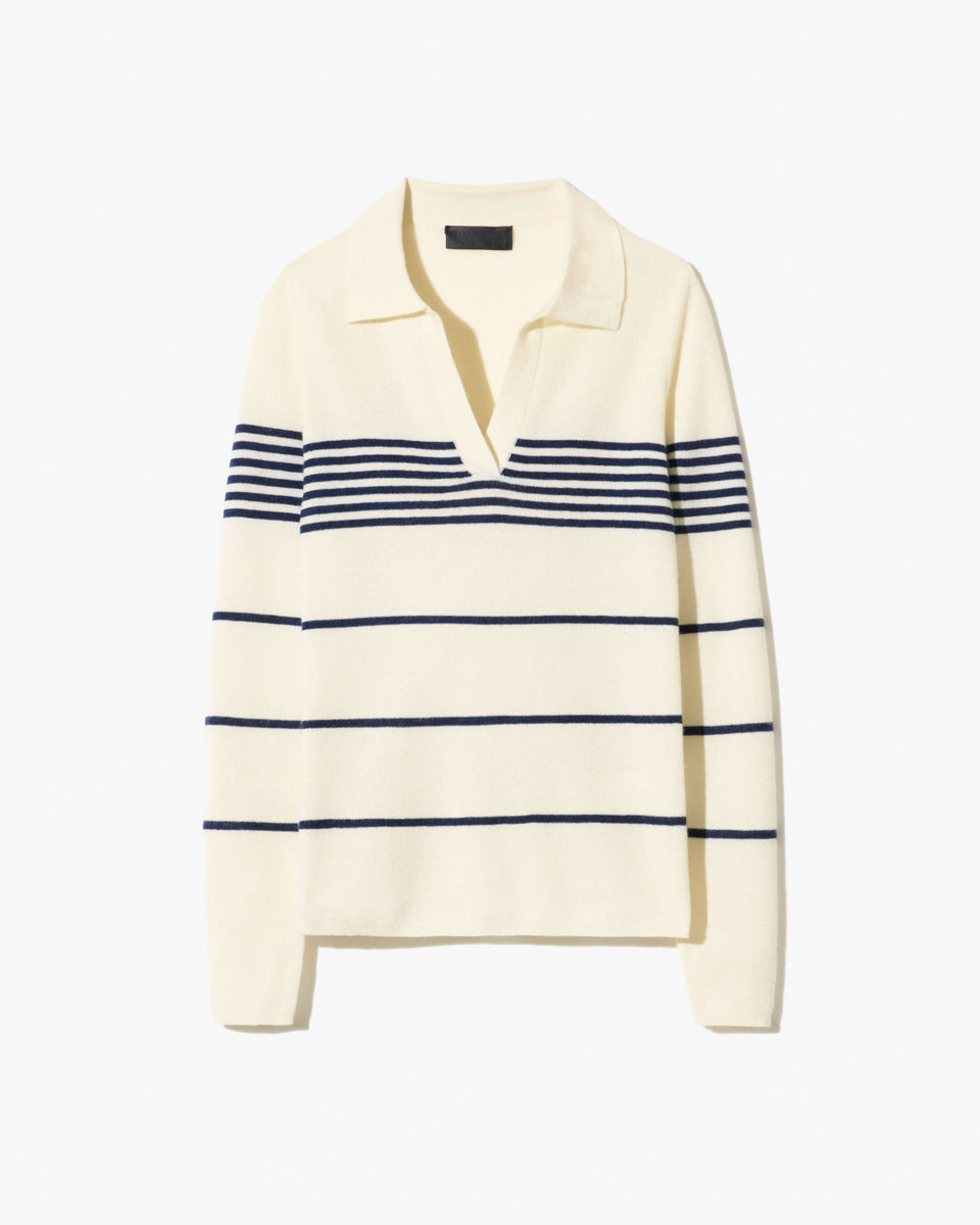 LUCILLE STRIPE CASHMERE POLO IN IVORY/NAVY STRIPE