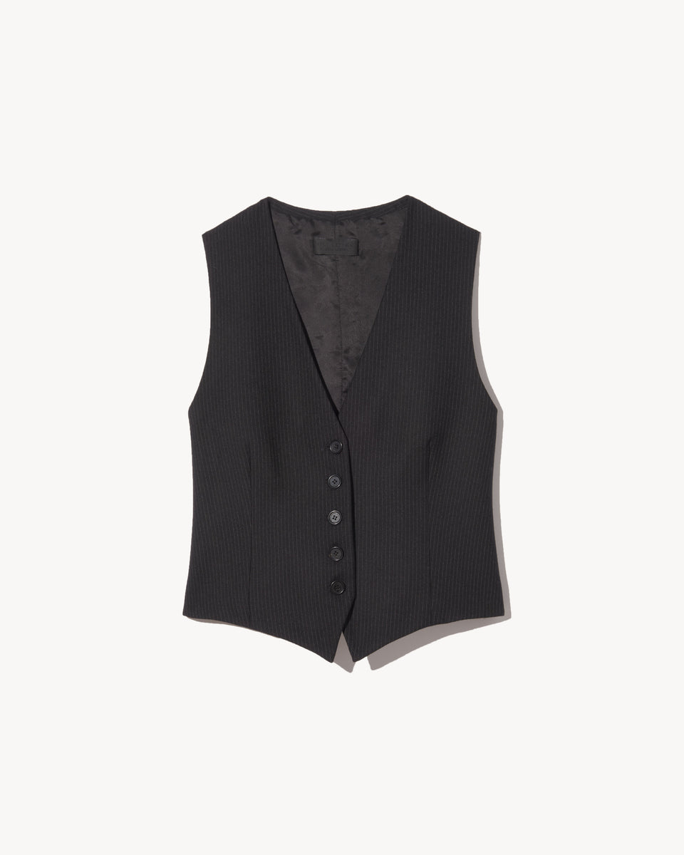 ANGELINA VEST IN BLACK PINSTRIPE