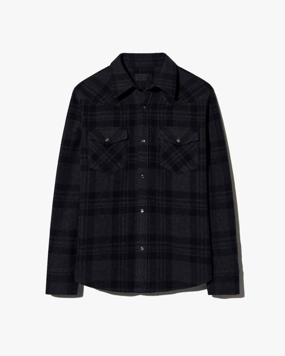 TRAVIS CASHMERE BUTTON UP IN ANTHRACITE TARTAN