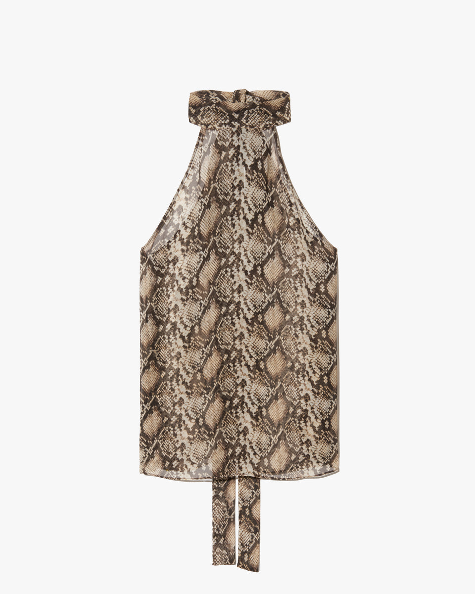 ALLA SILK HALTERNECK TOP IN STONE/BROWN SNAKE PRINT