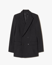 WESTON DOUBLE BREASTED WOOL BLAZER IN BLACK PINSTRIPE