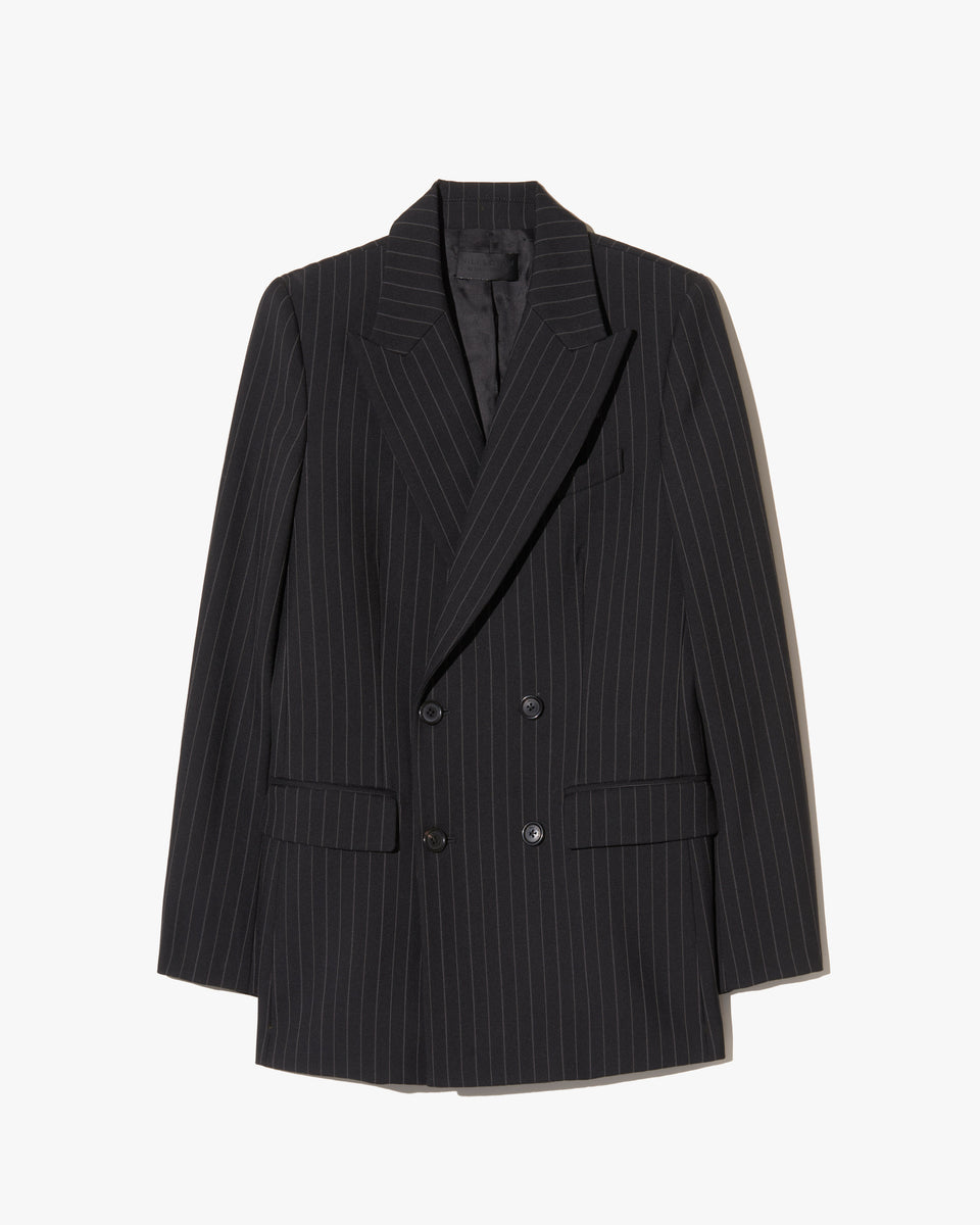 WESTON DOUBLE BREASTED WOOL BLAZER IN BLACK PINSTRIPE