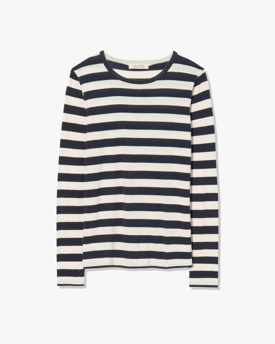 LONG SLEEVE SHIRT IN NAVY/IVORY STRIPE