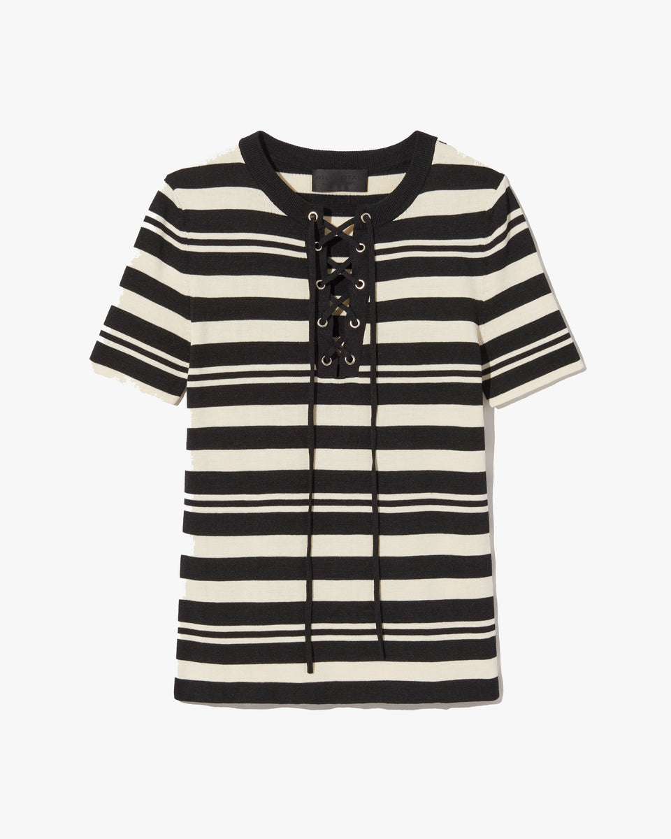 OAKLYNN SILK KNIT SWEATER IN BLACK/IVORY STRIPE