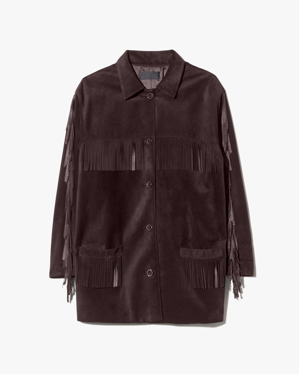 FOUDRE FRINGE SUEDE JACKET IN DARK BROWN