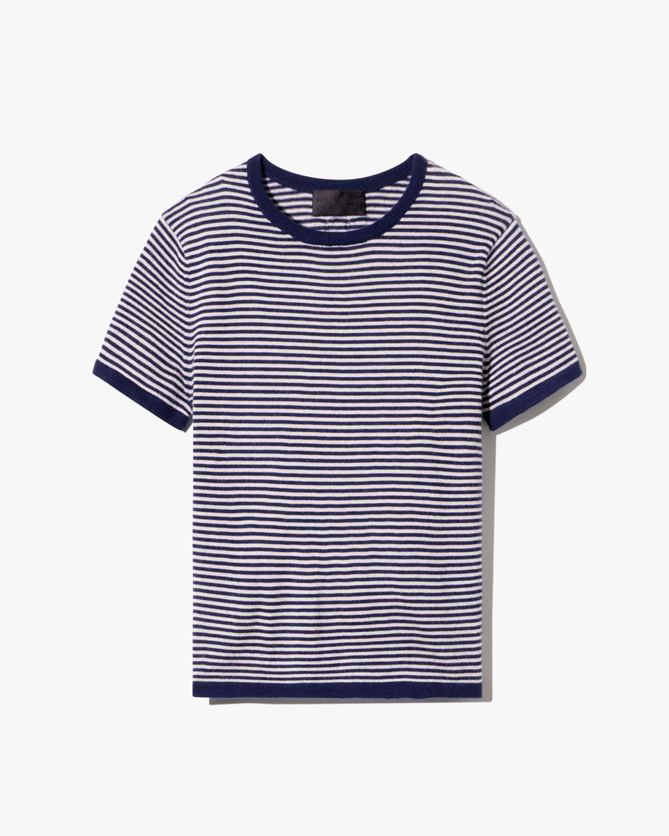 LINKA STRIPE CASHMERE SWEATER IN NAVY/IVORY STRIPE
