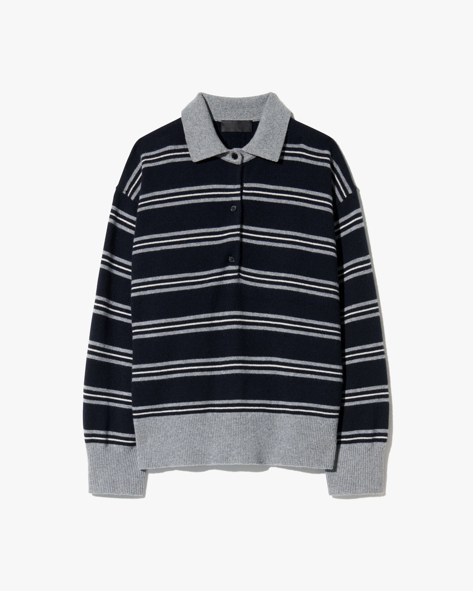 GALVEZ STRIPE CASHMERE POLO IN DARK NAVY/GREY STRIPE