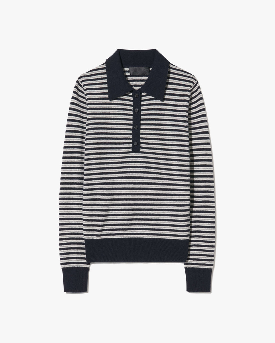 PRESCOTT STRIPE CASHMERE POLO IN DARK NAVY/GREY STRIPE