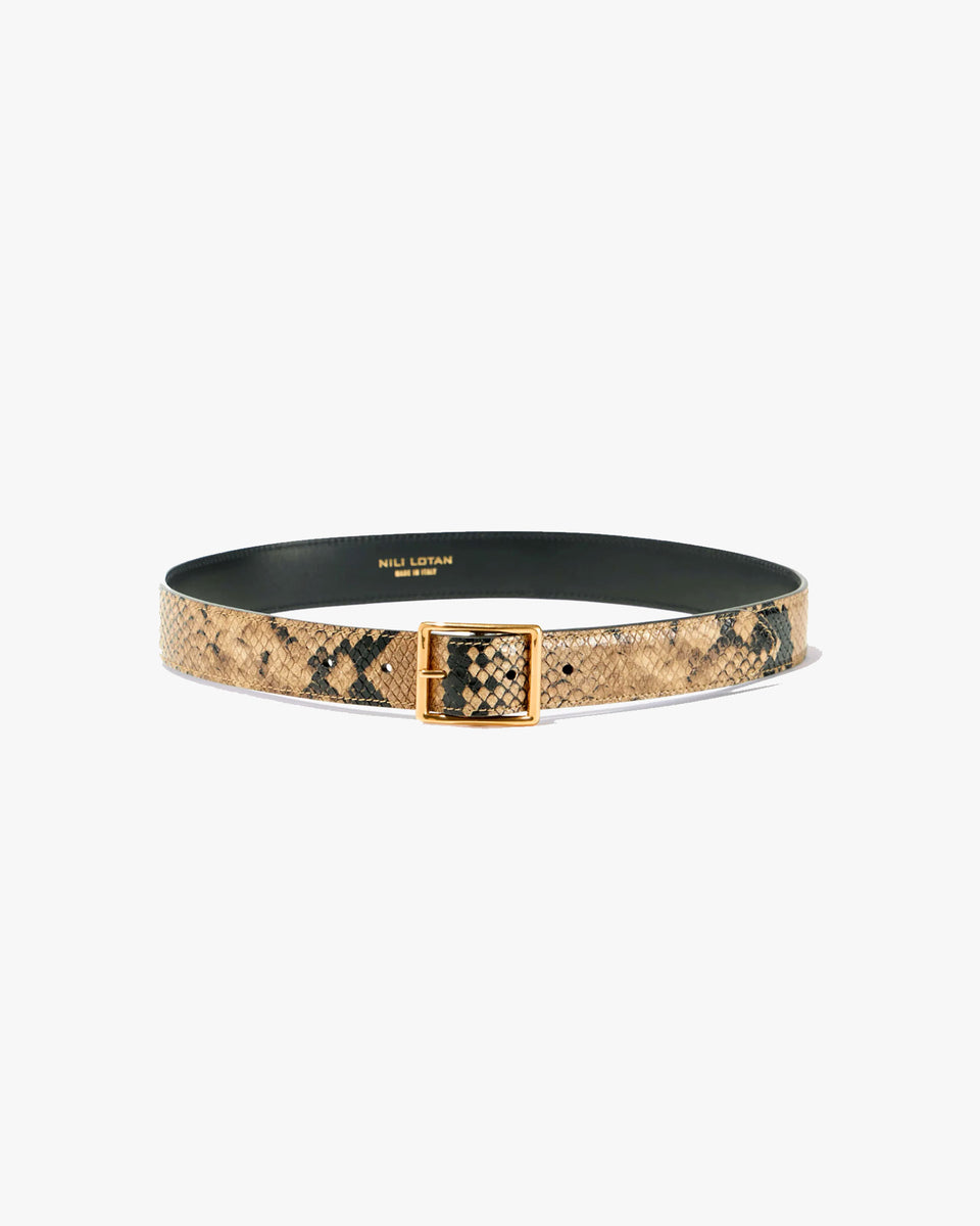 GABRIELE LEATHER BELT IN TAUPE SNAKESKIN W/ GOLD BUCKLE