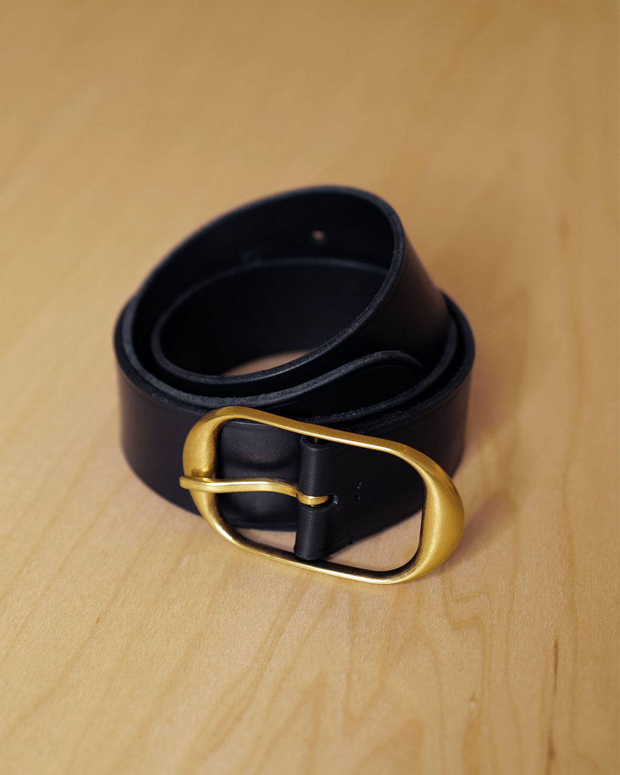 gold-buckle leather belt