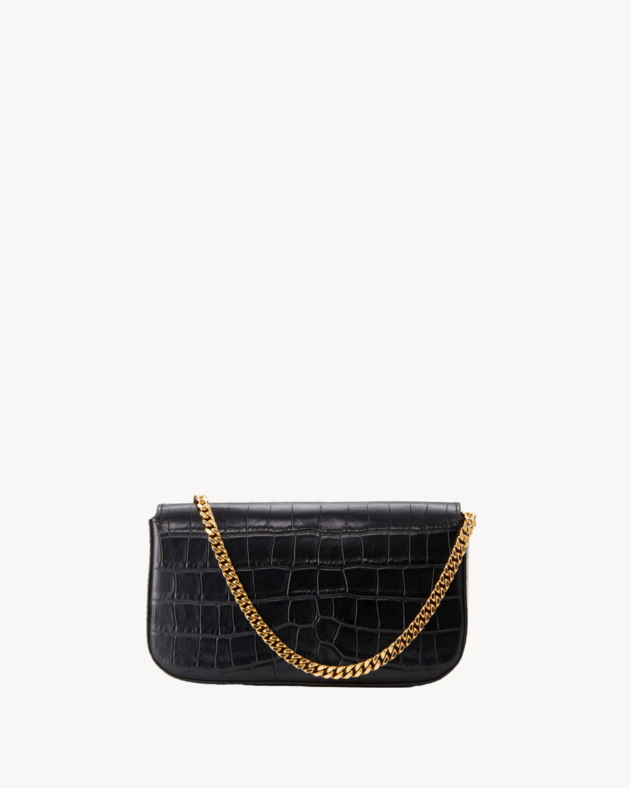 YVES SAINT LAURENT Crocodile Black Leather Gold Chain Clutch Crossbody Bag