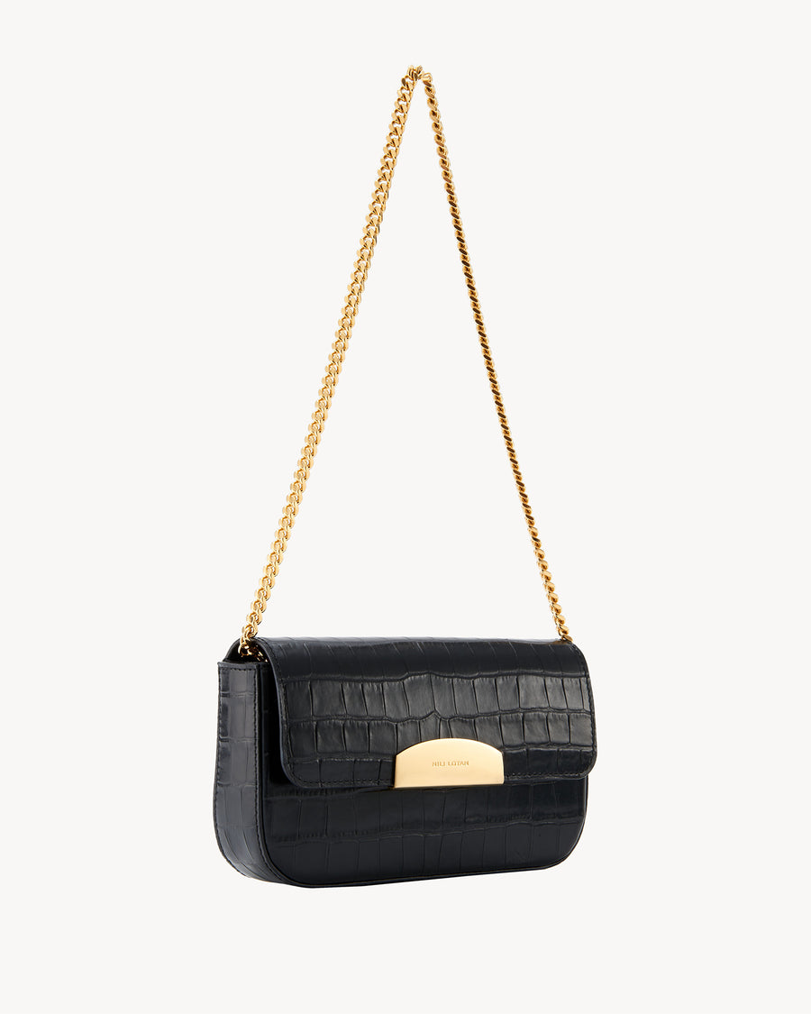 Black chain handbag, Crocodile, Glazed, Gold. SMALL MIA